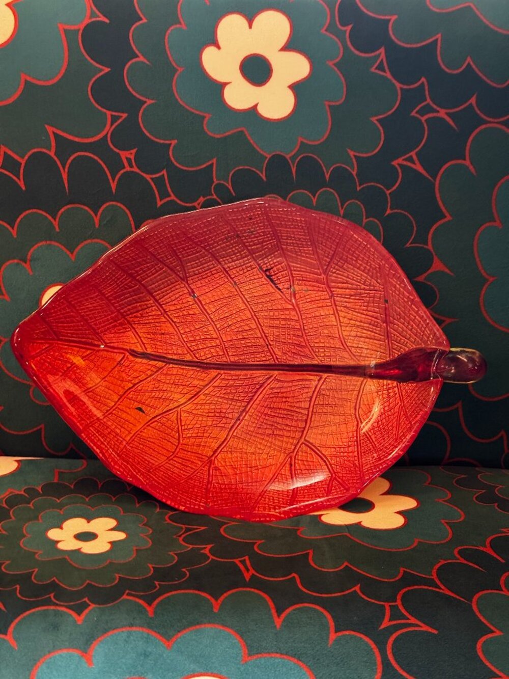 Pressed Glass Figural Leaf Shape Plate, Vermilion and Gold, Circa 2010